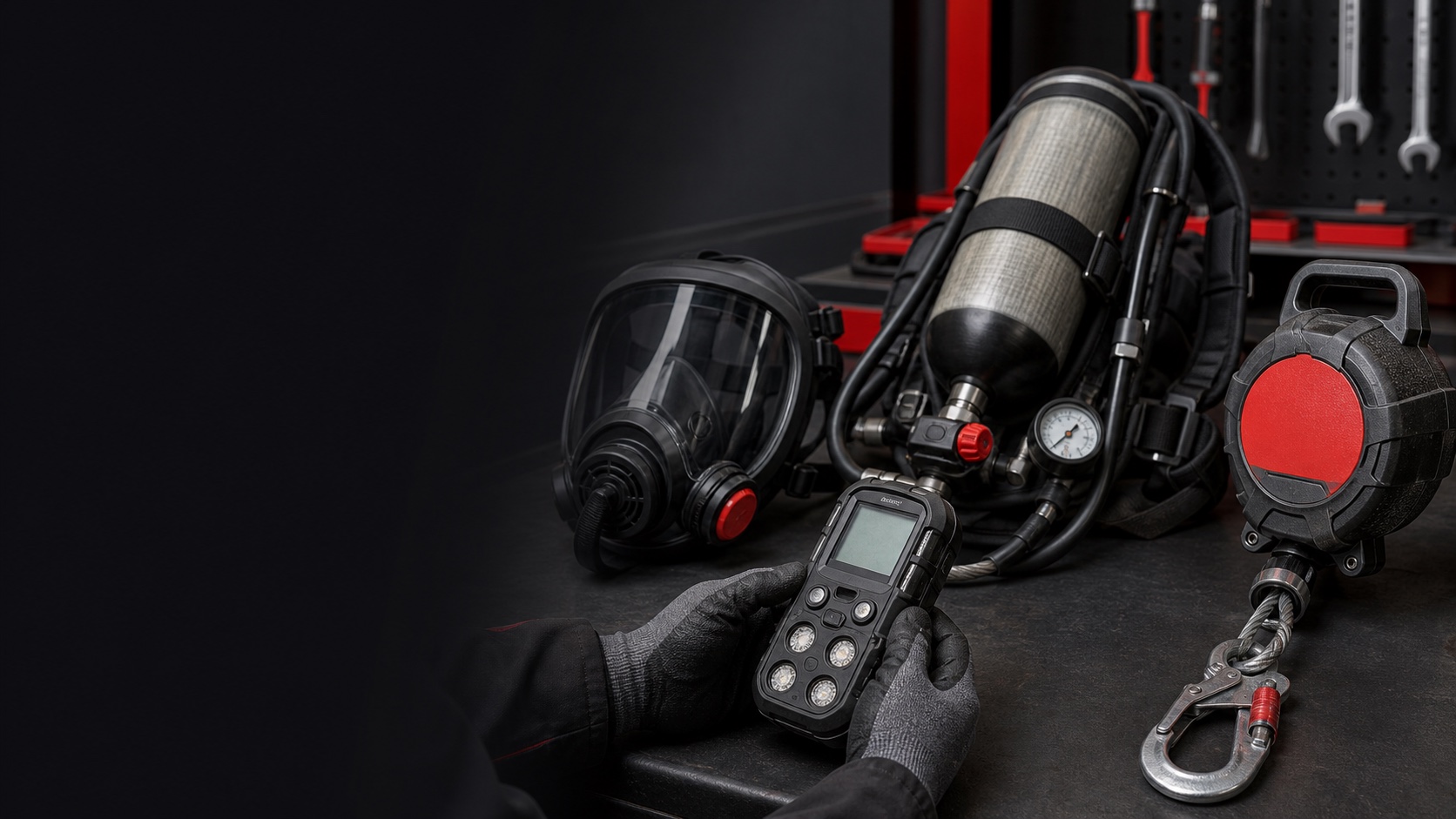 Bancada de assistência técnica com detector de gases, equipamento de proteção respiratória e trava-quedas retrátil