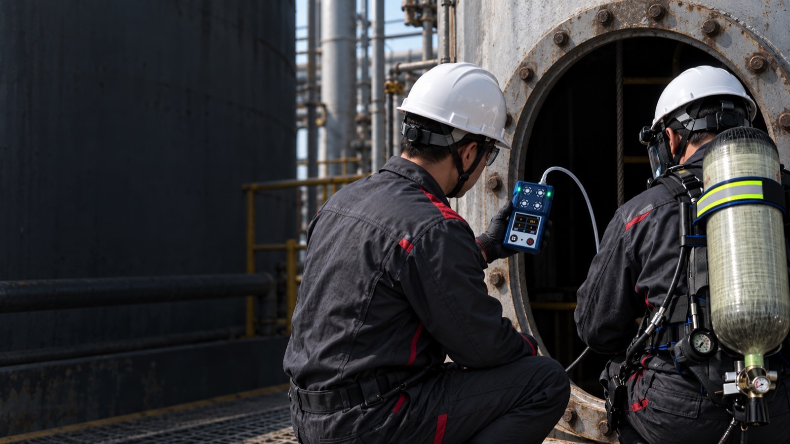 Equipe técnica avaliando a entrada de espaço confinado com detector de gases e proteção respiratória