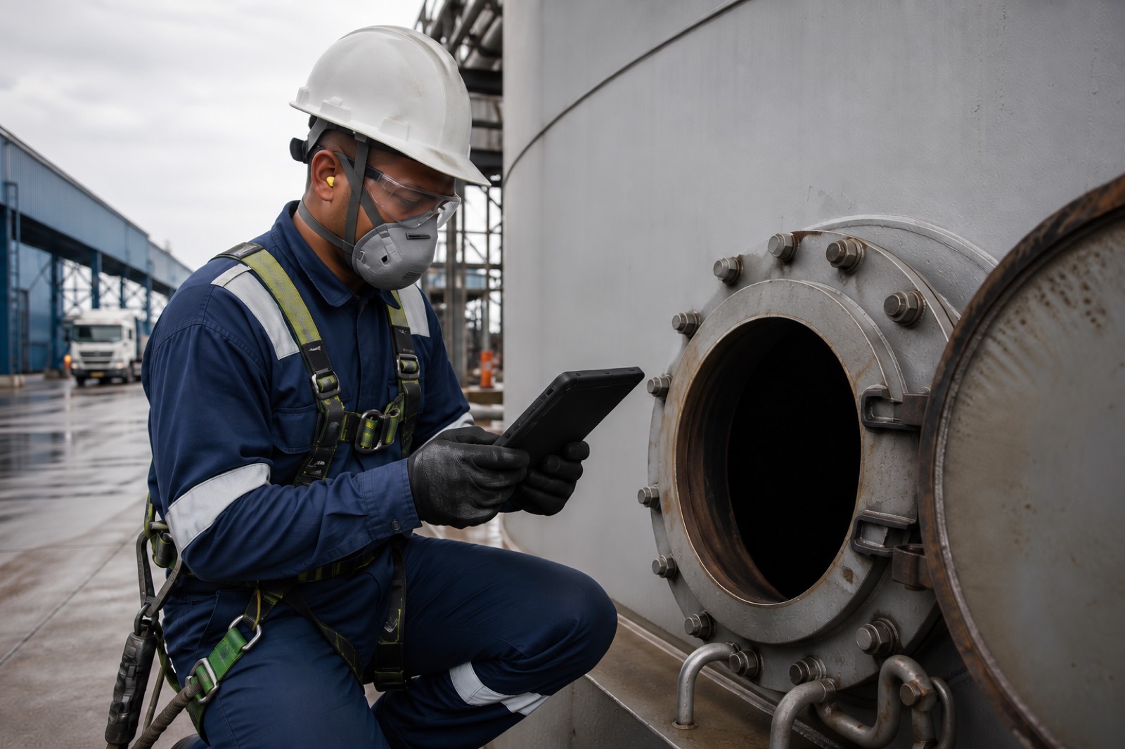 Técnico realizando inventário e cadastro de espaço confinado NR-33