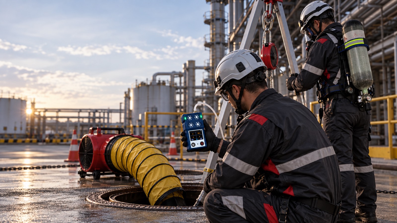 Locação de equipamentos para espaços confinados com ventilação, detector de gases e resgate